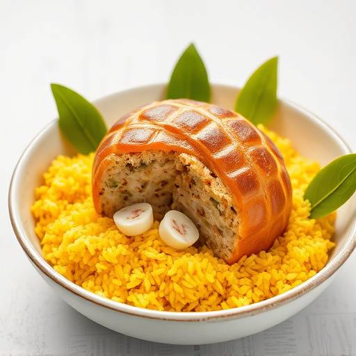 A bowl of Bobotie, a traditional South African minced meat dish, garnished with bay leaves and served with yellow rice.