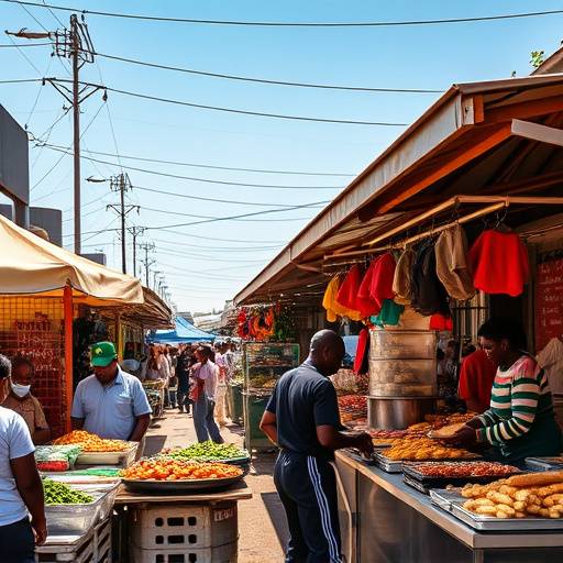 A bustling street food market in South Africa, showcasing vendors selling Bunny Chow, Gatsby, and other popular snacks.