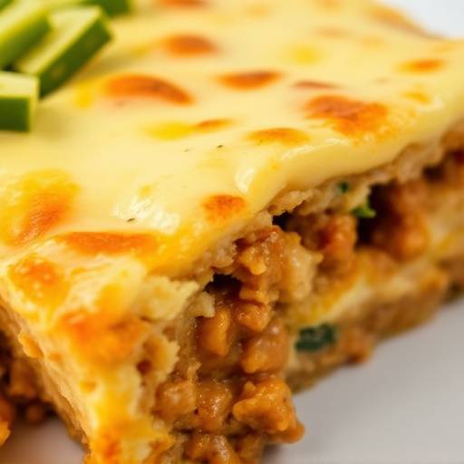 A close-up shot of a golden-brown Bobotie, showing the curried mince and the creamy egg topping.
