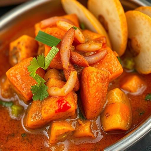 A close-up shot of Bunny Chow, a Durban street food staple consisting of a hollowed-out loaf of bread filled with flavorful curry.
