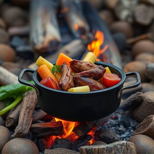 A delicious potjie kos, a traditional South African stew cooked in a three-legged cast iron pot over an open fire, with vegetables and meat visible.