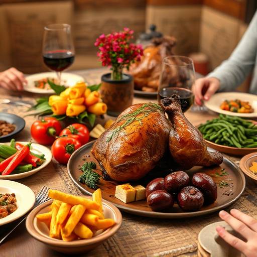 A large table set for a family dinner, showcasing platters of roasted meat, colorful vegetables, and traditional side dishes.