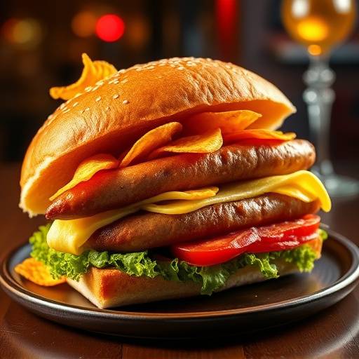 A long Gatsby sandwich overflowing with chips, polony, sausage, and sauces.