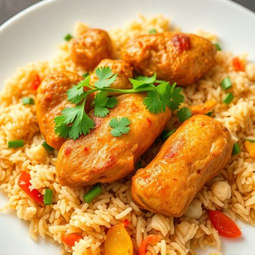 A plate of tender Chicken Breyani, a fragrant rice dish with chicken, spices, and lentils, garnished with coriander.