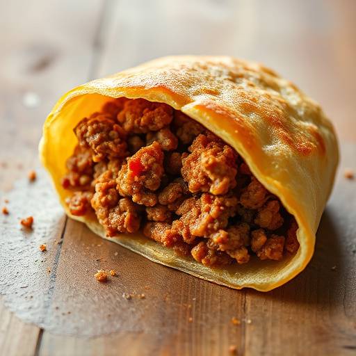 A plate of Vetkoek, golden-brown fried dough, served with mince meat filling.