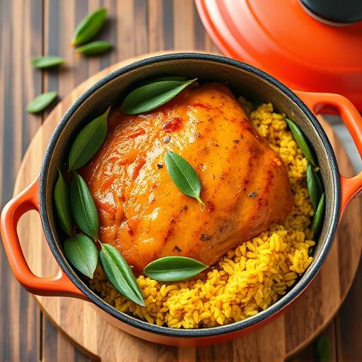 A pot of hearty Bobotie, a traditional South African minced meat dish, garnished with bay leaves and served with yellow rice.