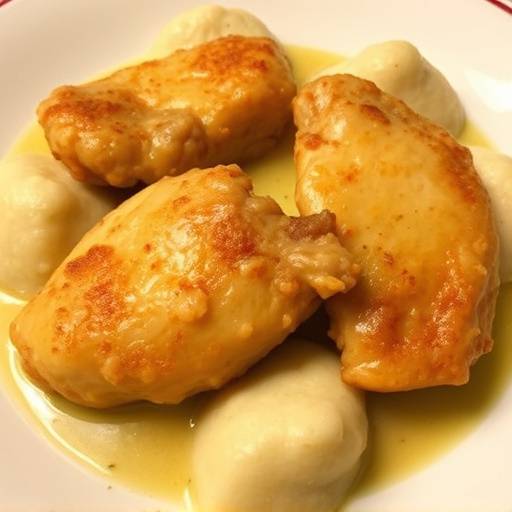 Chicken and dumplings, beautifully plated, showcasing the golden chicken and fluffy dumplings.